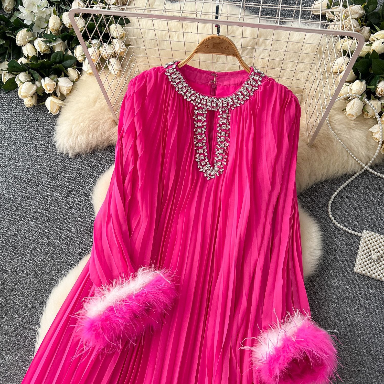 Women Round Neck Diamond Furry Patchwork Pleated Elegant Solid Dress 16