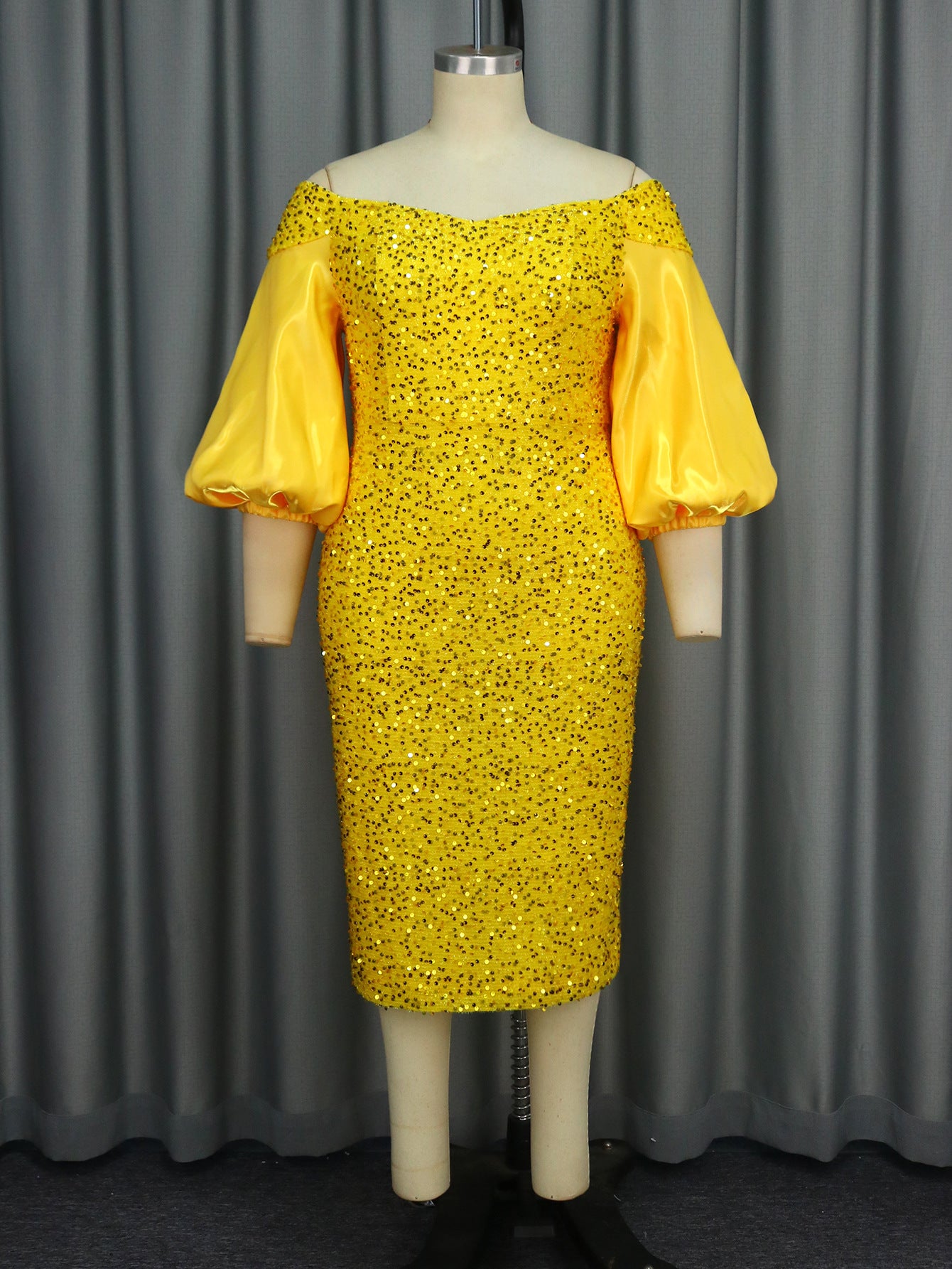 Elegant Off Shoulder Puff Sleeve Bodycon Formal Party Sequin Evening Dress 3