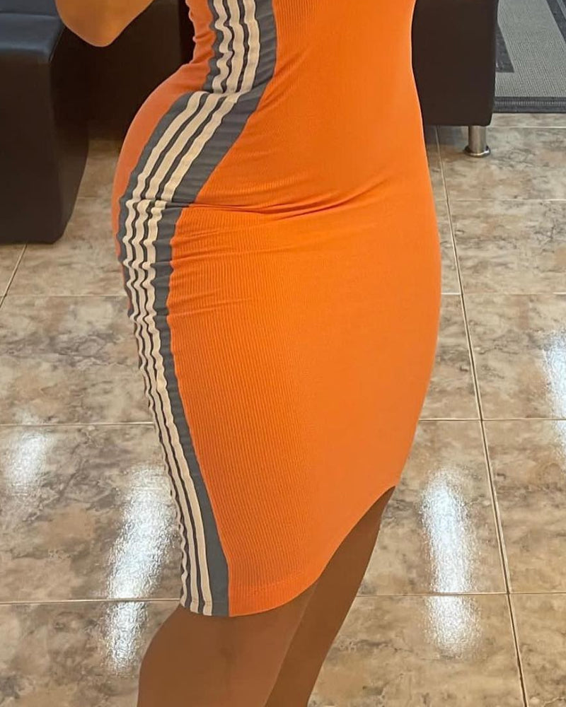 Women's sleeveless U-neck striped contrast color slim dress 6