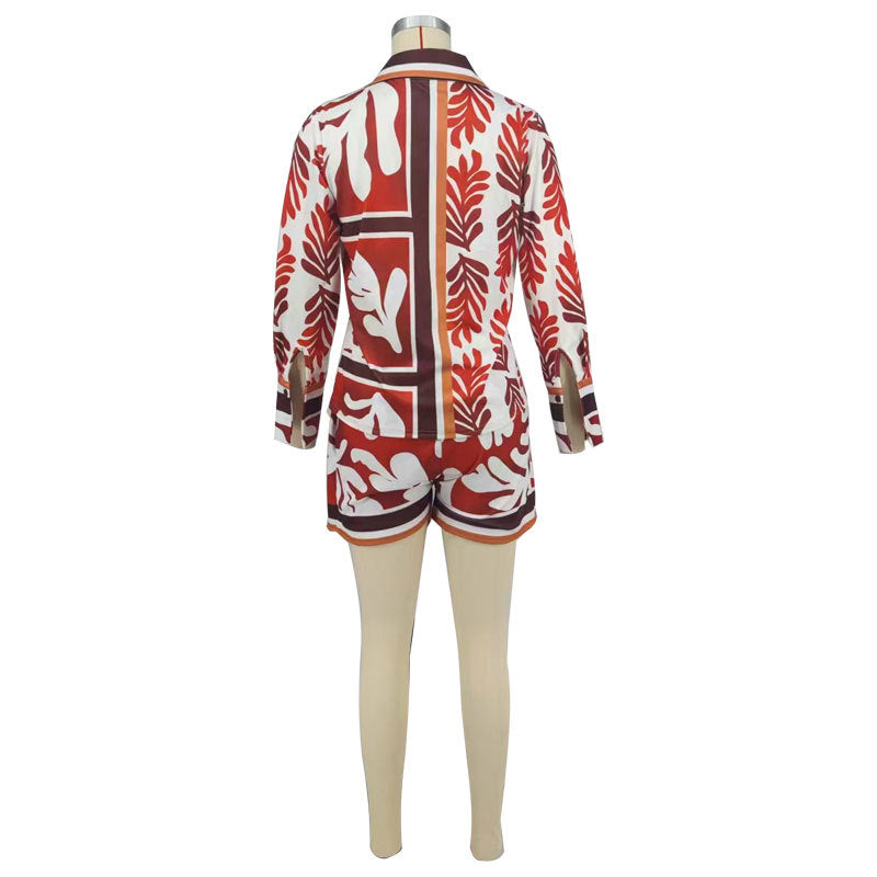 Women Casual Printed Long Sleeve Top and Shorts Two-piece Set 7