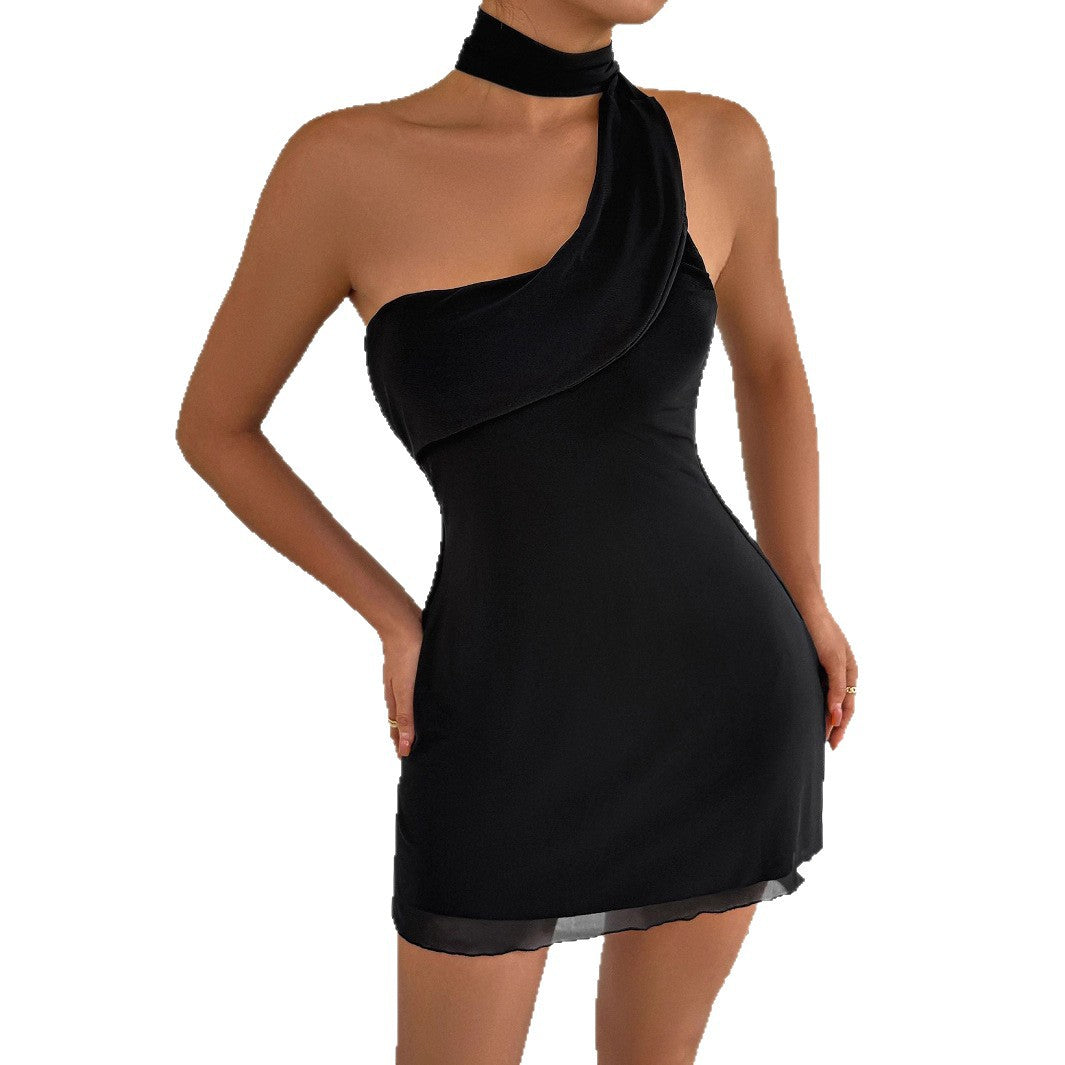 Women Summer One-Shoulder Sleeveless Halter Neck Sexy Lace-Up Bodycon Mini Dress 4