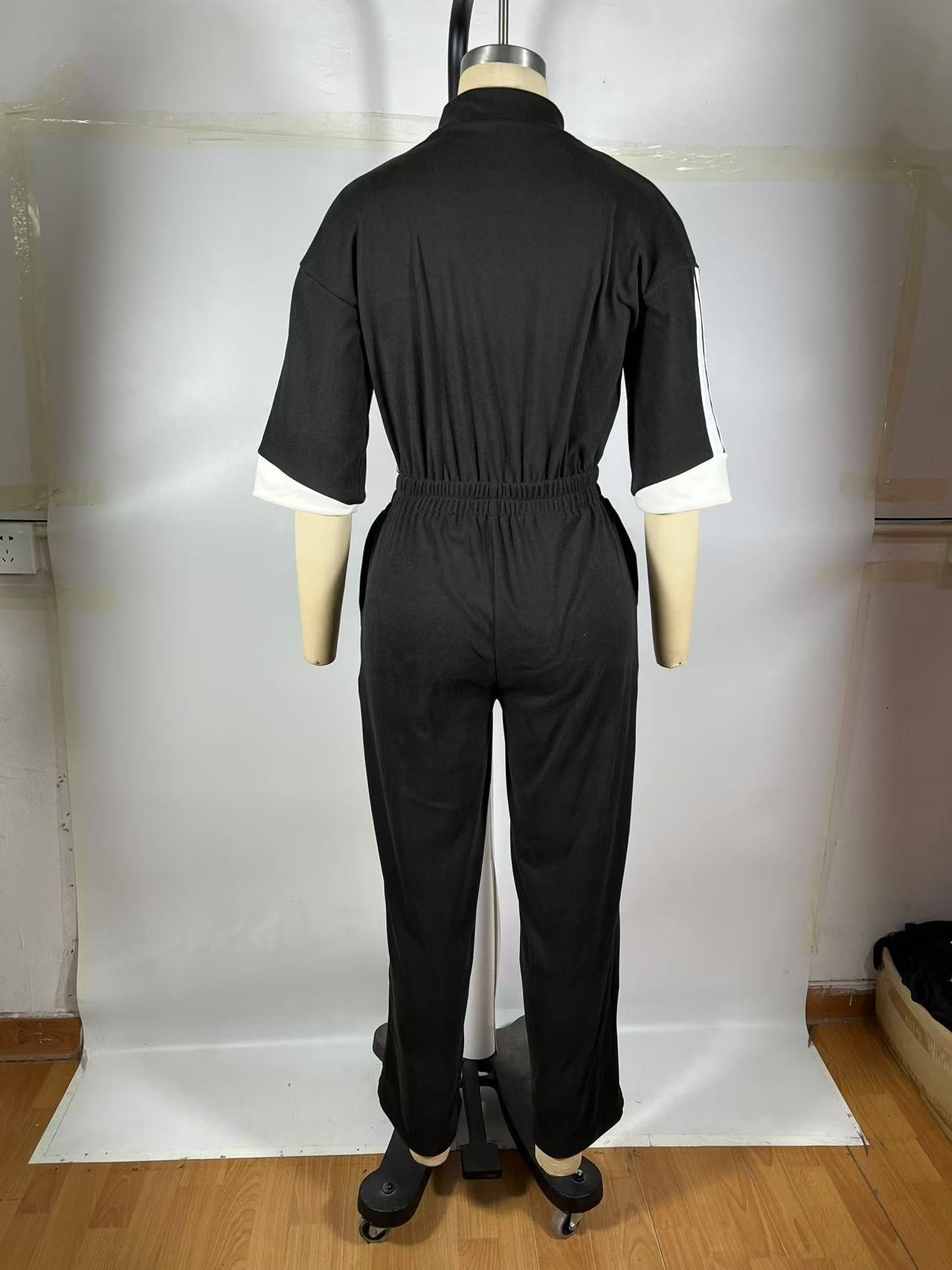 Women's Clothing Stand Collar 7-Quarter Sleeves Slim Waist Zipper Long Jumpsuit 7