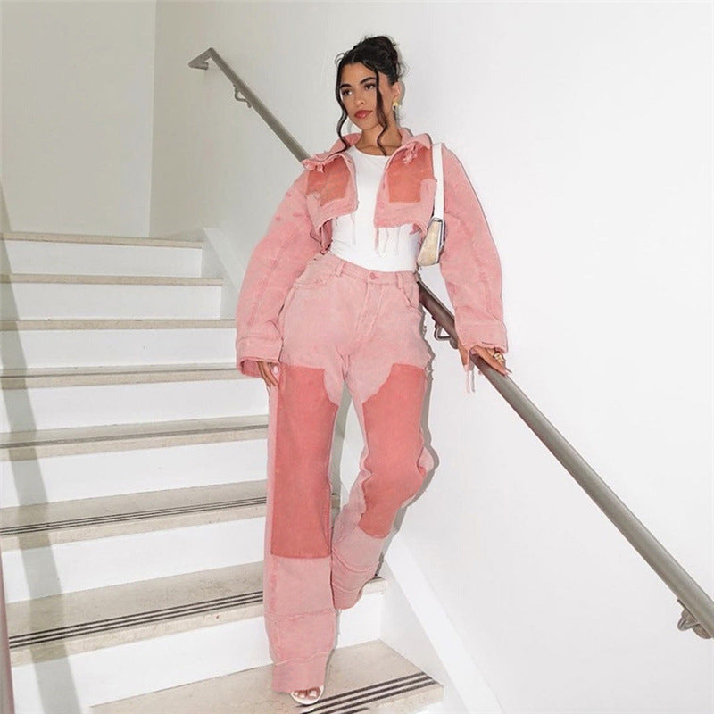 Autumn Women's Patchwork Contrast Color High Waisted Loose Casual Denim Pants For Women 4