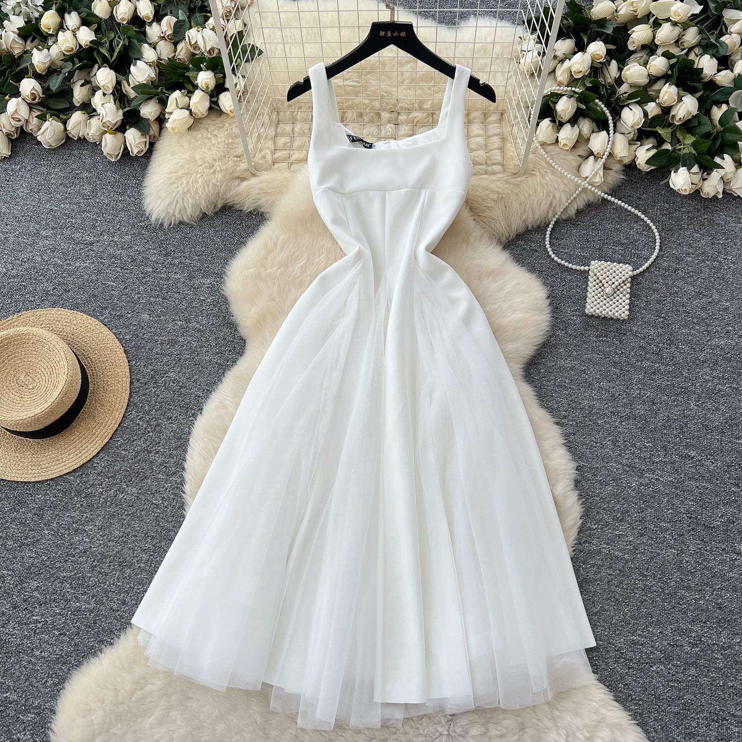 Women's Summer Square Neck Strap Mesh Patchwork Puffy Long Dress