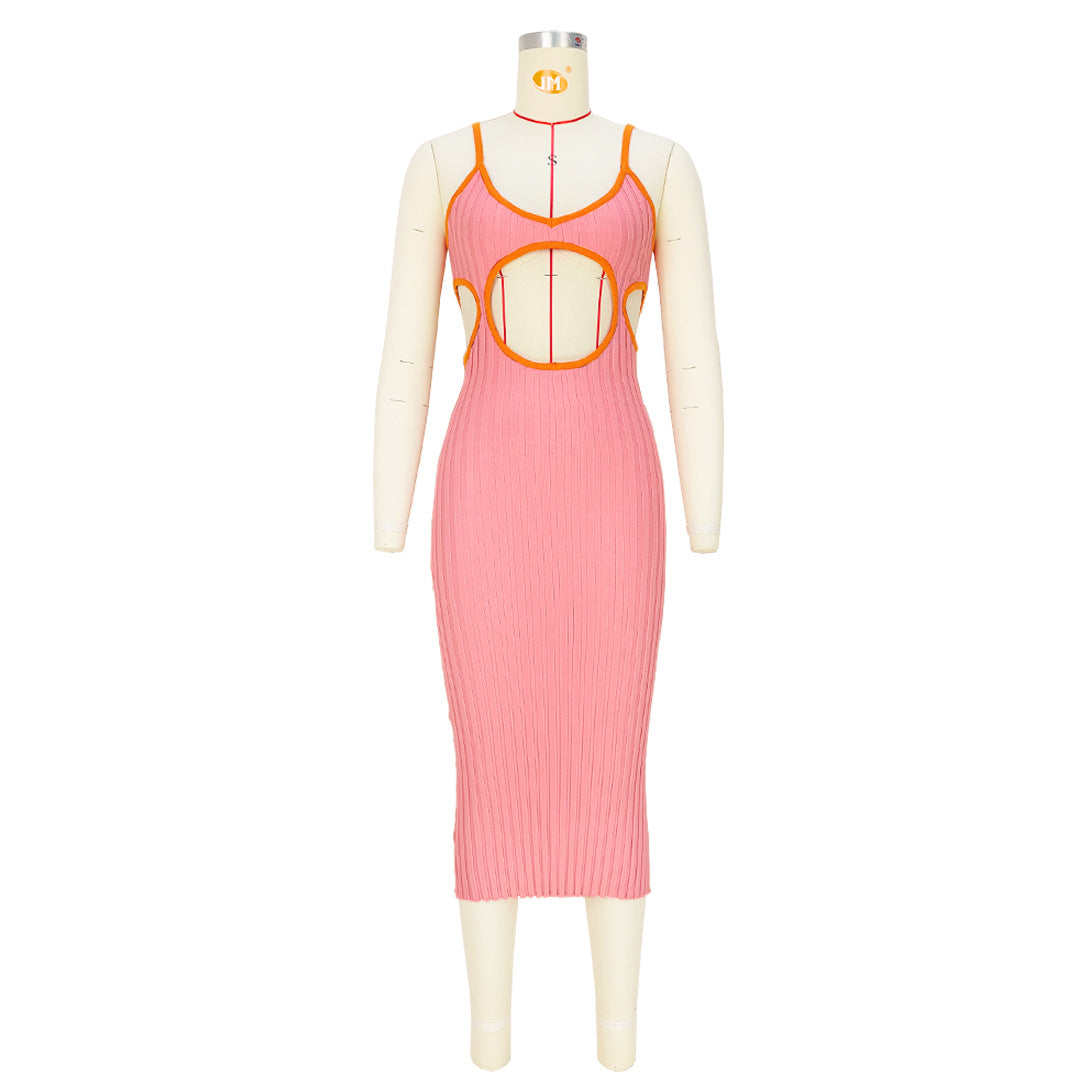 Women'S Solid Color Hollow Knitting Contrasting Color Straps Dress 9