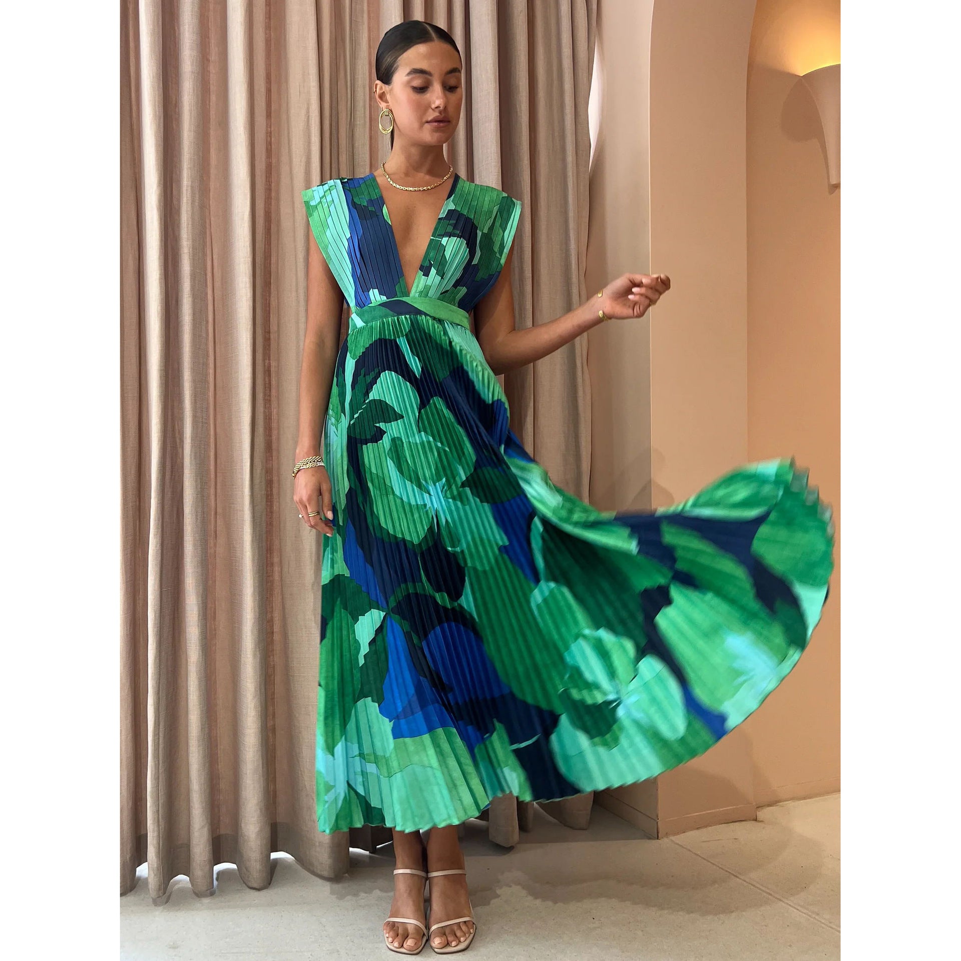 Women Casual Holidays Pleated Sleeveless Printed Dress 5