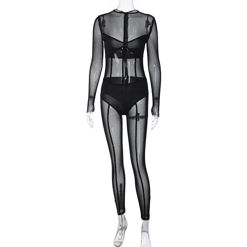 Women Long Sleeve Mesh Sexy See-Through Jumpsuit 8