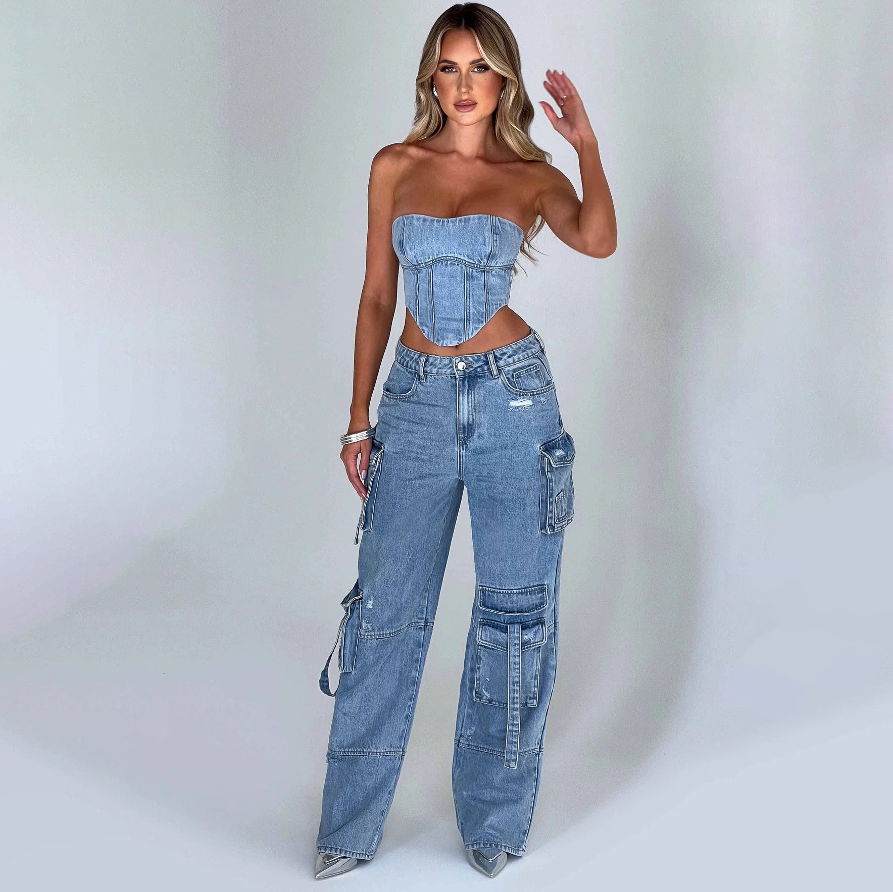 Women American Low Rise Pocket Patchwork Denim Pants 8