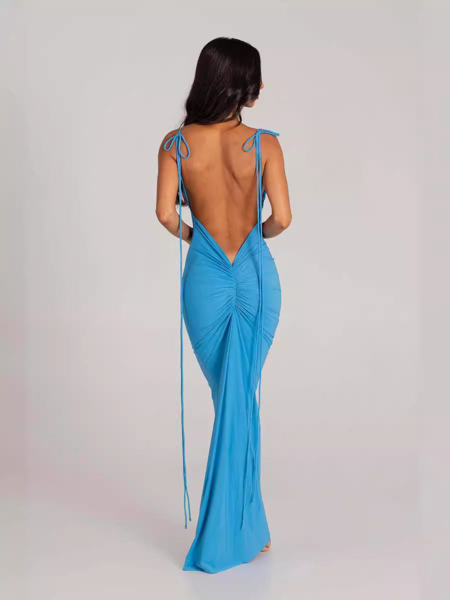 Women pleated sexy Backless Suspender Solid Maxi Bodycon Dress 6