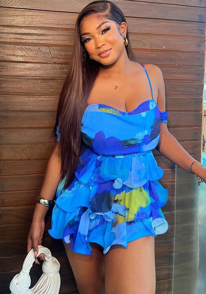 Women printed Chic sexy suspenders Backless dress