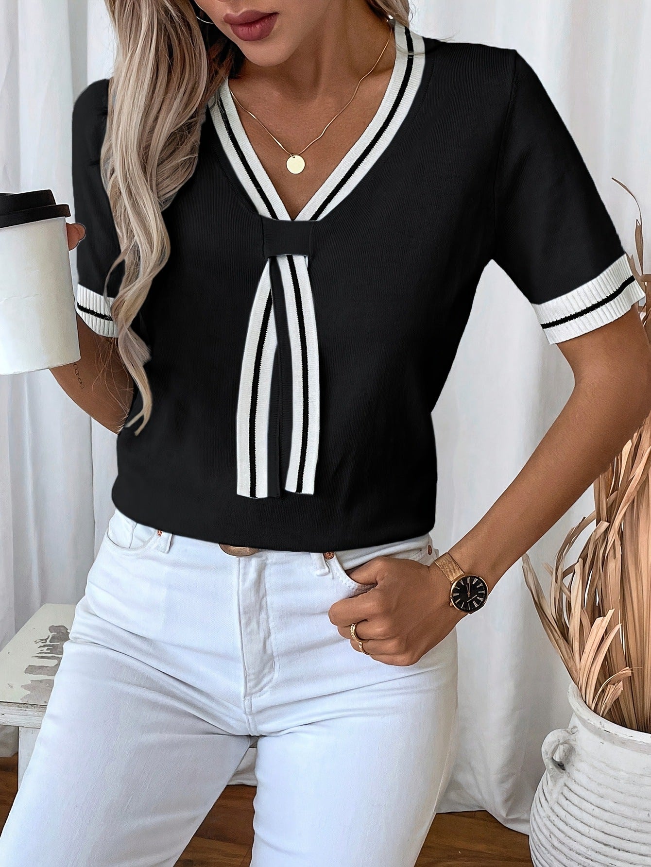 V-Neck Contrast Color Summer Top Casual Knit Sweater 10