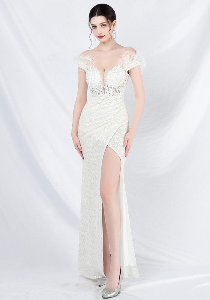 Women ostrich feather lace Beaded palace vest fishbone evening dress