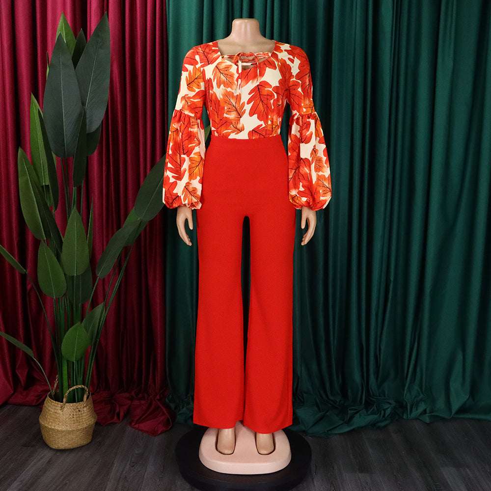 Plus Size Women's Fashion Print Lace-Up Top Wide Leg Pants Two-Piece Set 13