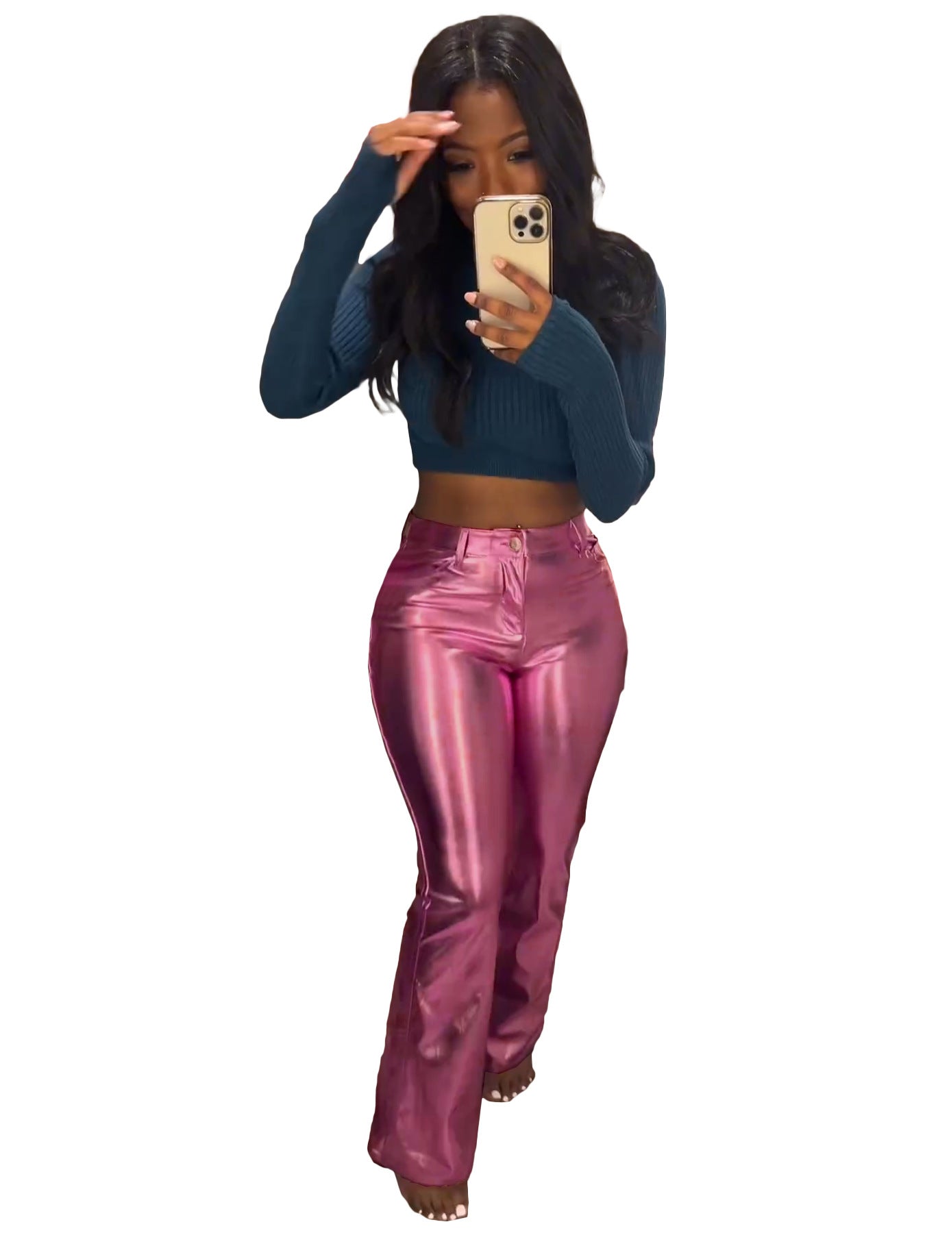 Women's Spring And Winter Metallic Bell Bottom Casual Long Leather Pants 6