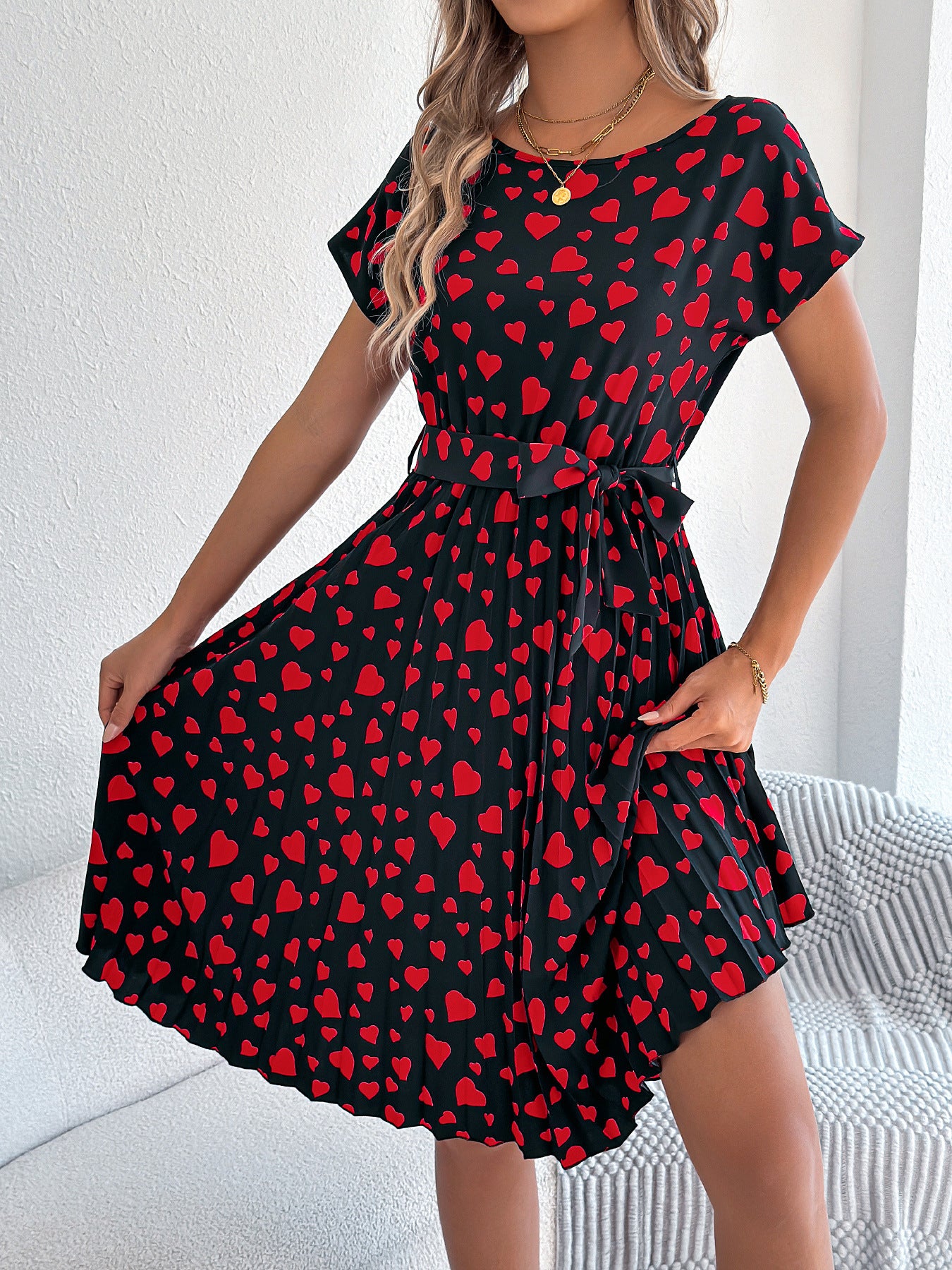 Women Spring and Summer Casual Contrast Heart Print Short Sleeve Pleated Dress 8