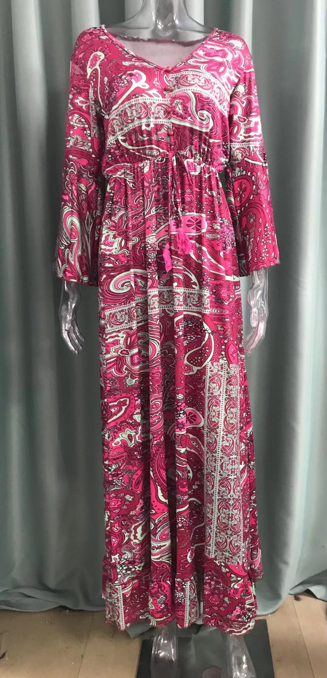 Women Boho Bell Bottom Sleeve Printed V Neck Holidays Maxi Dress 16