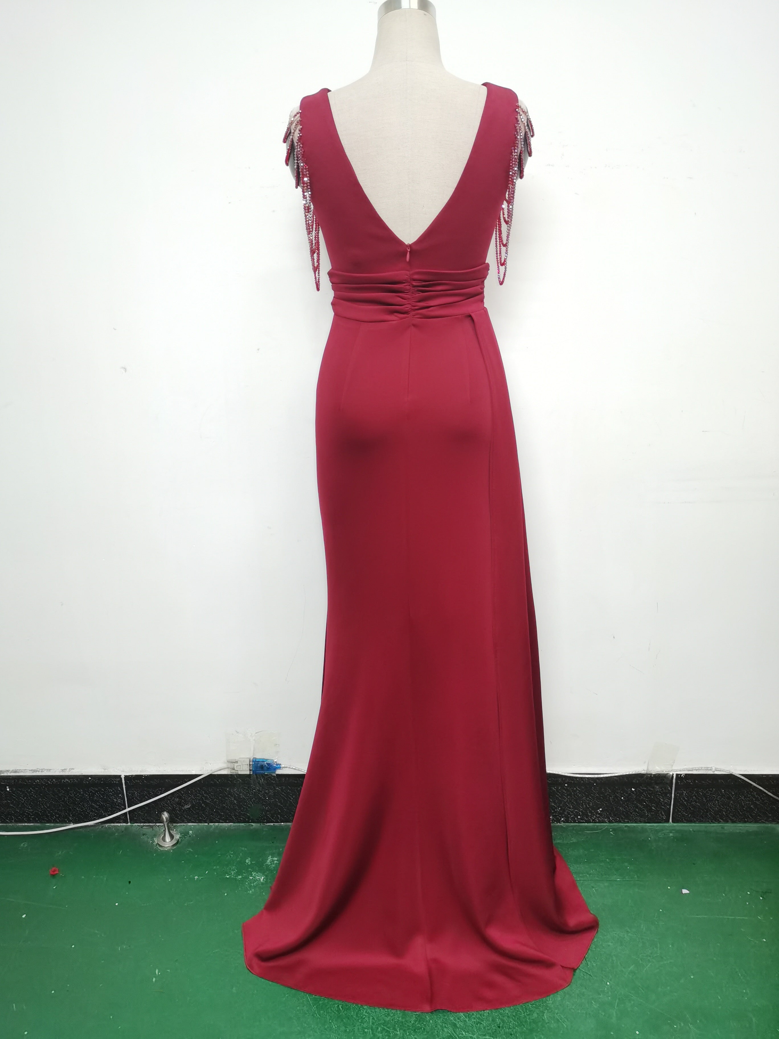 Women Satin Pleated Beaded Evening Dress 31