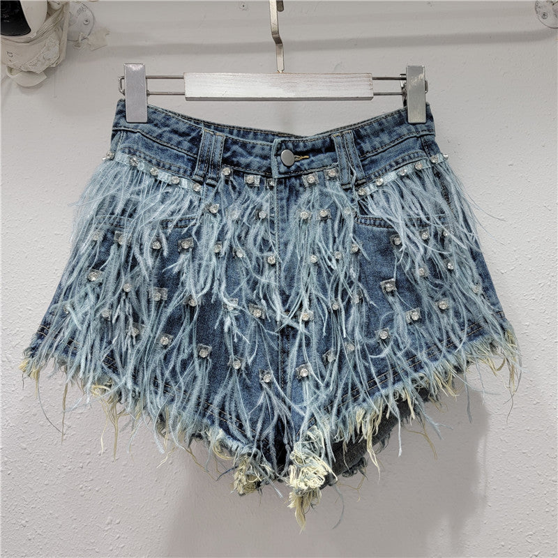 Women Summer Diamond Ostrich Feather Tassel Denim Shorts 4