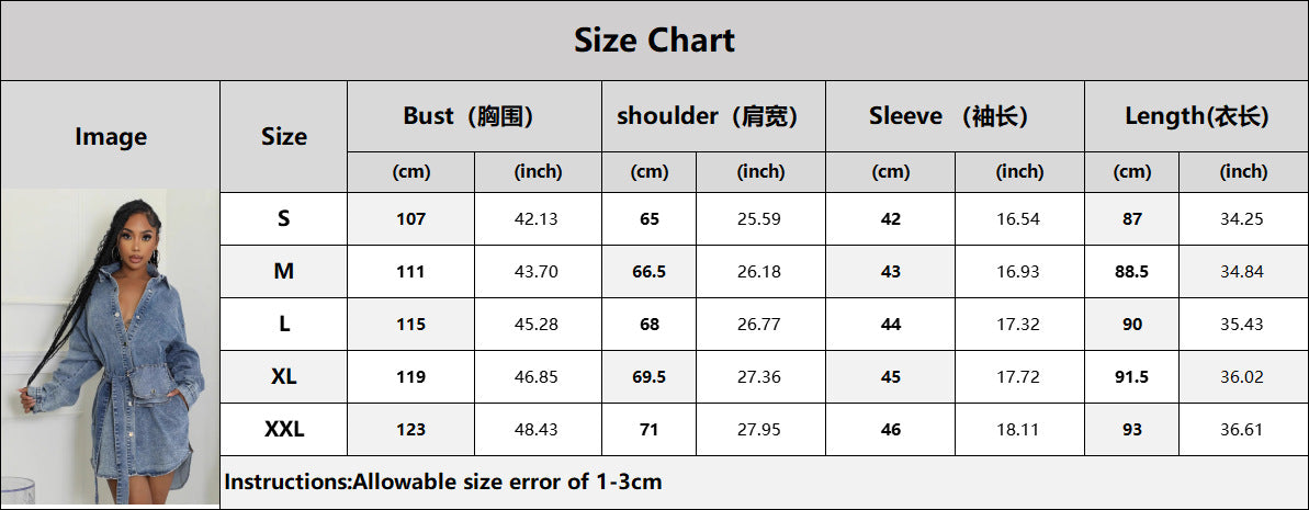 Autumn Denim Turndown Collar Long Sleeve Single Breasted Slim Fit Belt Fashion Denim Dress 9