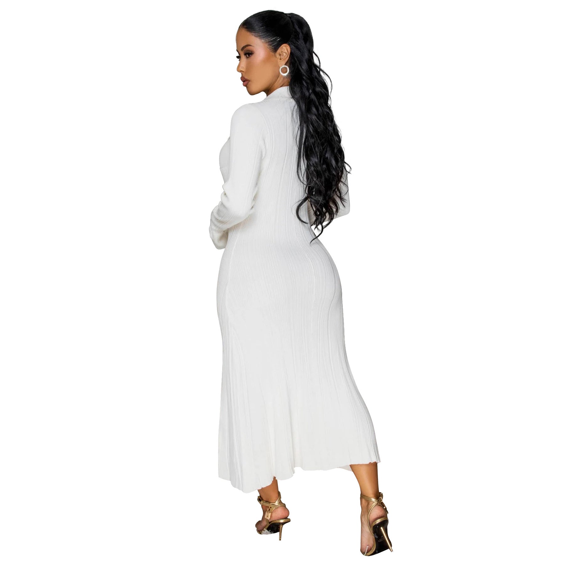 Women's Fashion V-Neck Single Row Buttons Long Sleeve Solid Long Dress 34