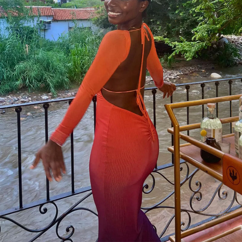 Women's Sexy Deep V Gradient Low Back Long Dress 8