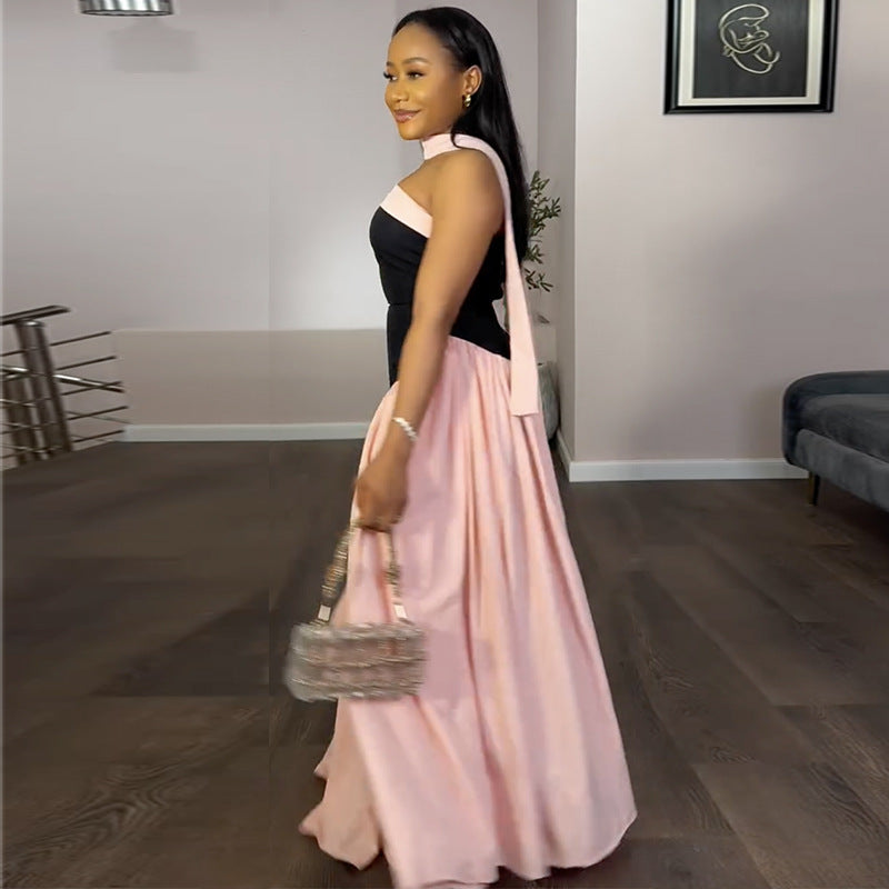 Women Summer Strapless Color Block Pleated Dress