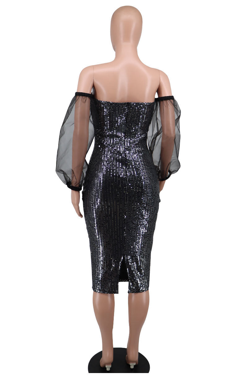Women French Long Sleeve Sequin Off Shoulder Bodycon Dress 10