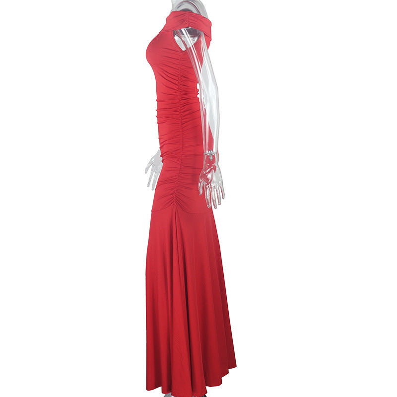 Women Solid Elegant Strapless Zipper Raglan Sleeve Off Shoulder Dress 6