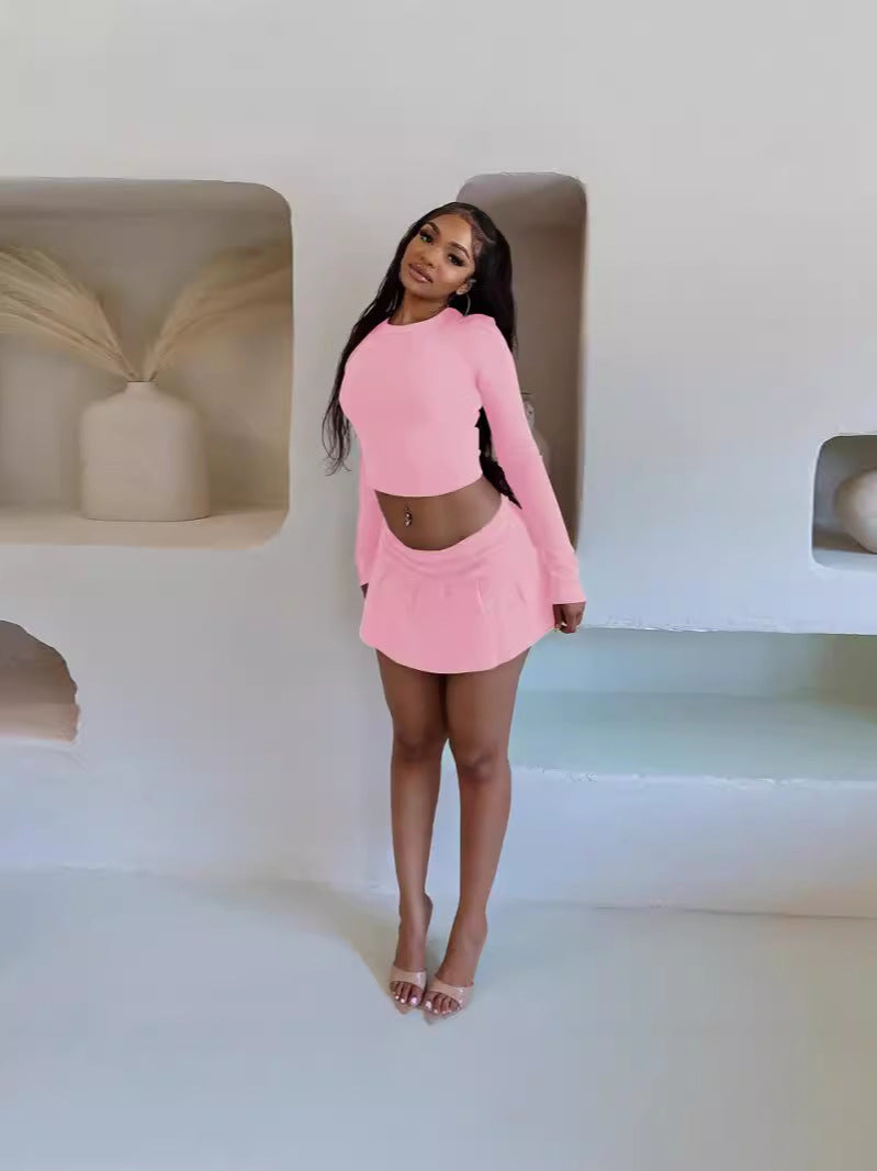 Women's fashion solid color Round Neck Crop slim long-sleeved top pleated short skirt two-piece set 5
