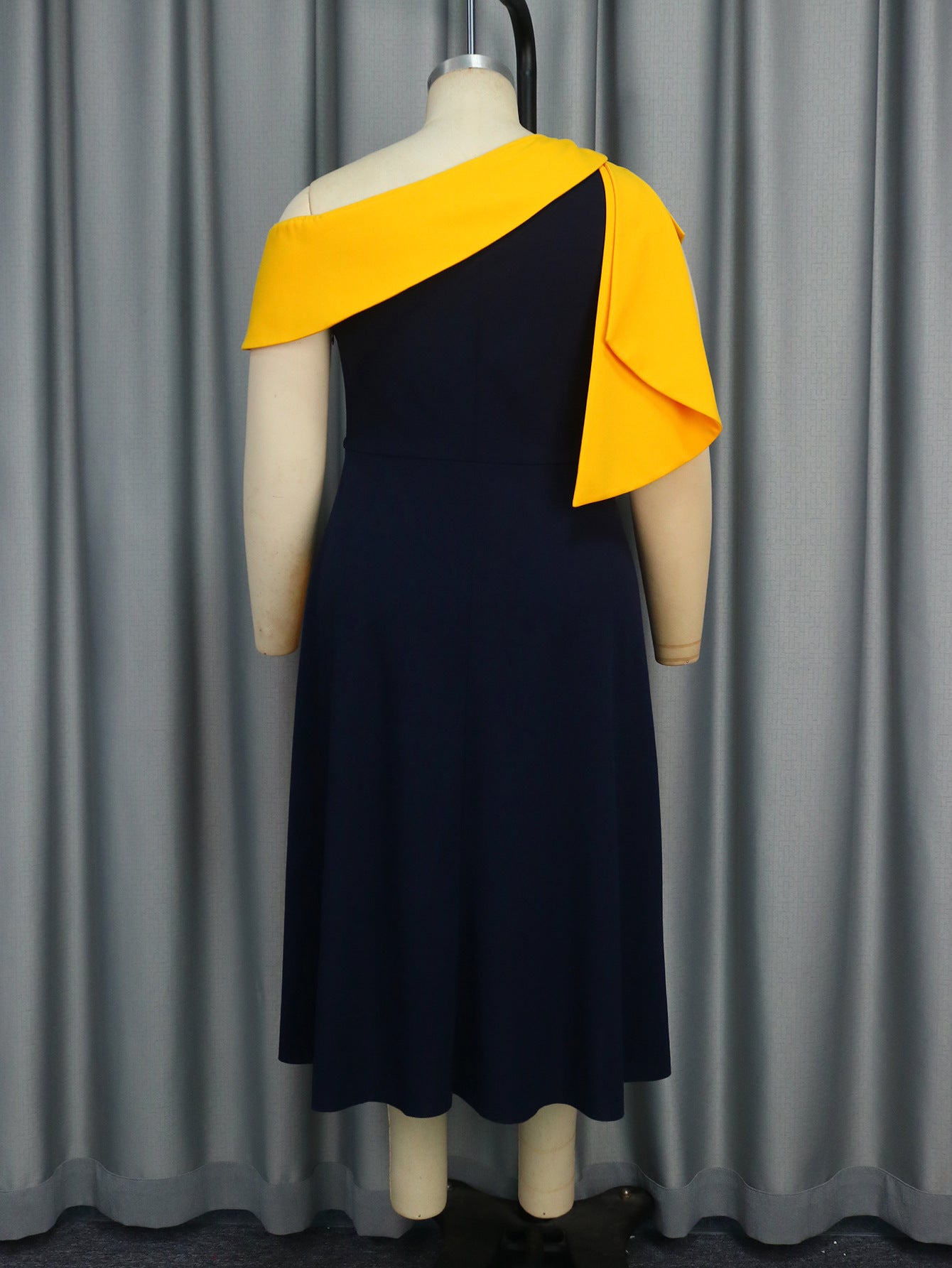 Women Style One Shoulder Collar Contrast Patchwork Party Dresses 6