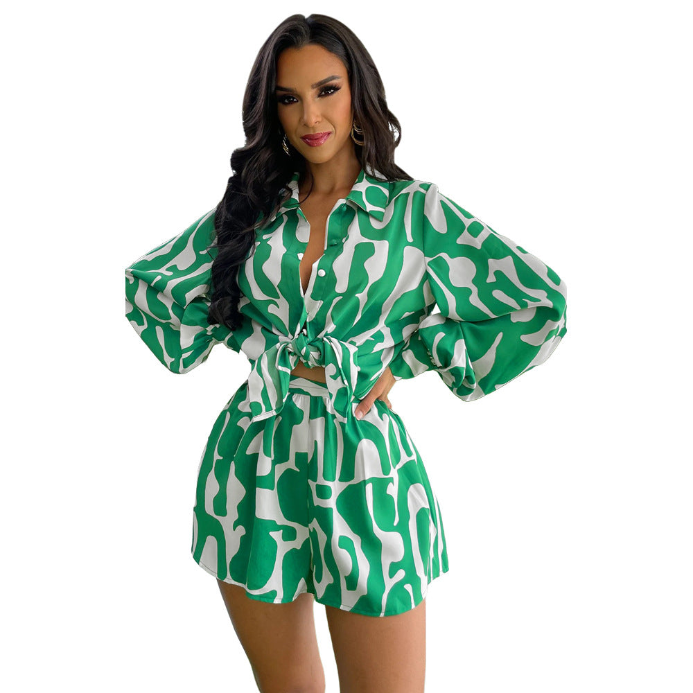 Loose Printed Long Shirt Casual Women's Shorts Set Summer Two-Piece Set 7