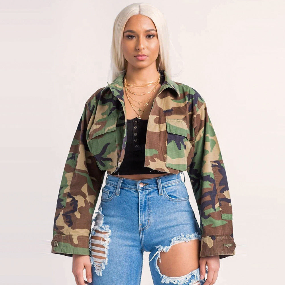 Women'S Long Casual Fashion Camouflage Print Big Pocket Turndown Collar Short Jacket 9