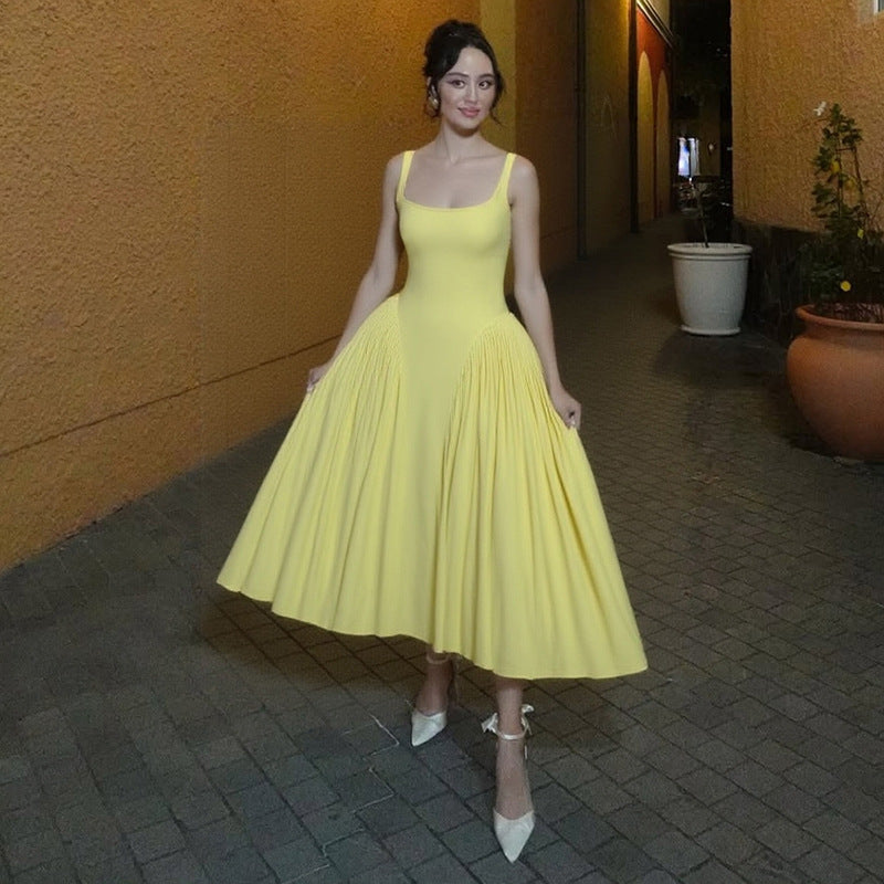 Summer Elegant Chic High Waist Solid Square Neck Strap A-line Dress 3