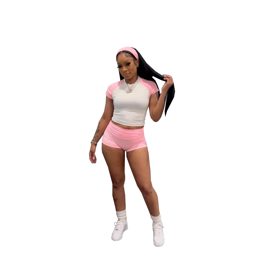 Women street raglan contrast short sleeve top and shorts Casual sports two piece set with headband 7