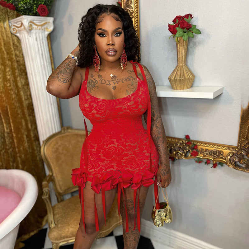 Women sexy See-Through hollow jacquard Lace tie dress 3