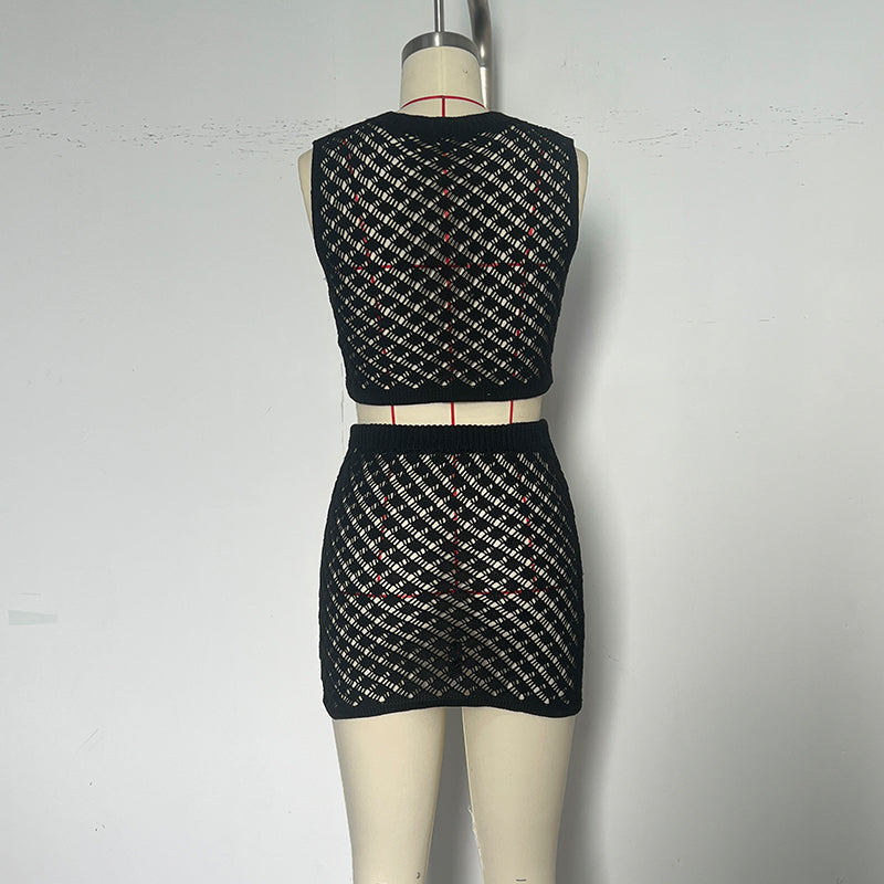 Button Vest Short Skirt Fashion Sunscreen Beach Two-piece Set 16