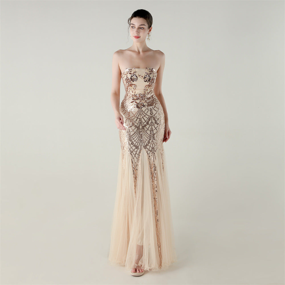 Women Strapless cross Lace-Up sequined tube flower sequined mesh evening dress Formal Party evening dress 34