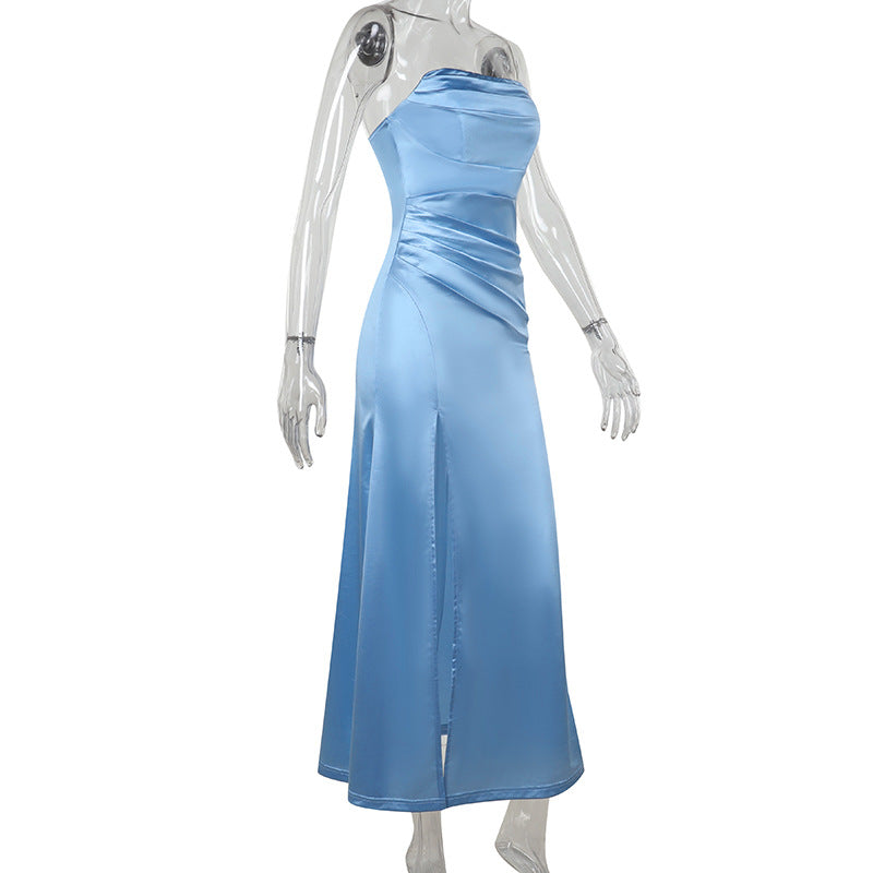 Autumn And Winter Sexy Slim Strapless Satin Slim Waist Slit Dress 4