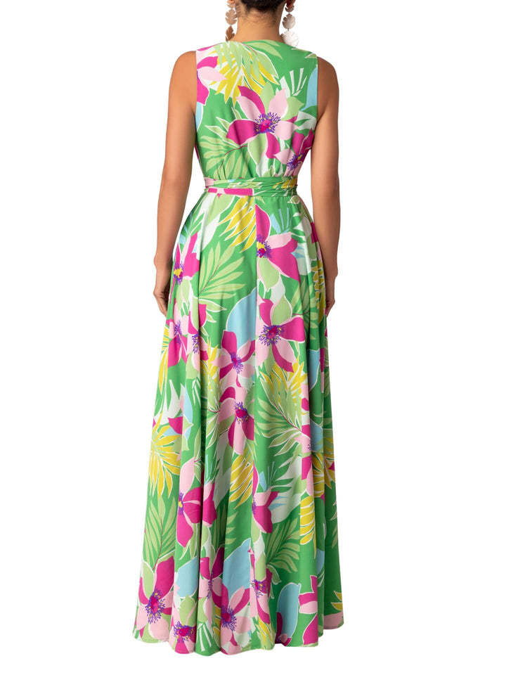 Summer Women's V-Neck Printed High Waist Belt Swing Maxi Dress 10