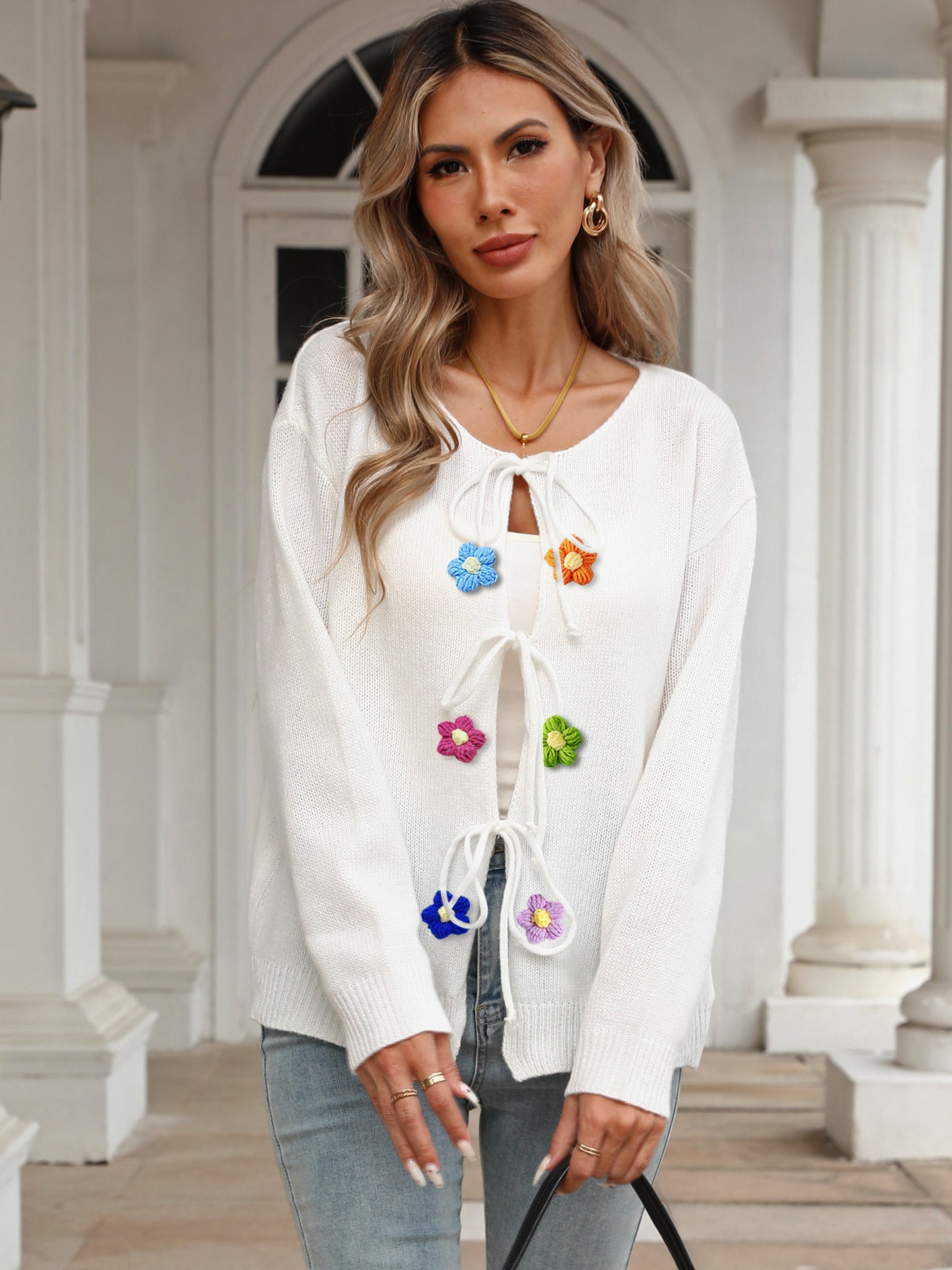 Women's Knit Outerwear Autumn Winter Lace-Up Bow Crochet Patchwork Cardigan 5