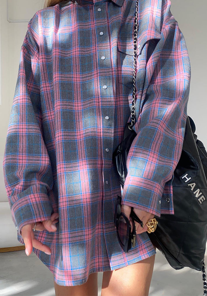 Autumn retro style Turndown Collar loose shirt plaid long-sleeved women's blouse