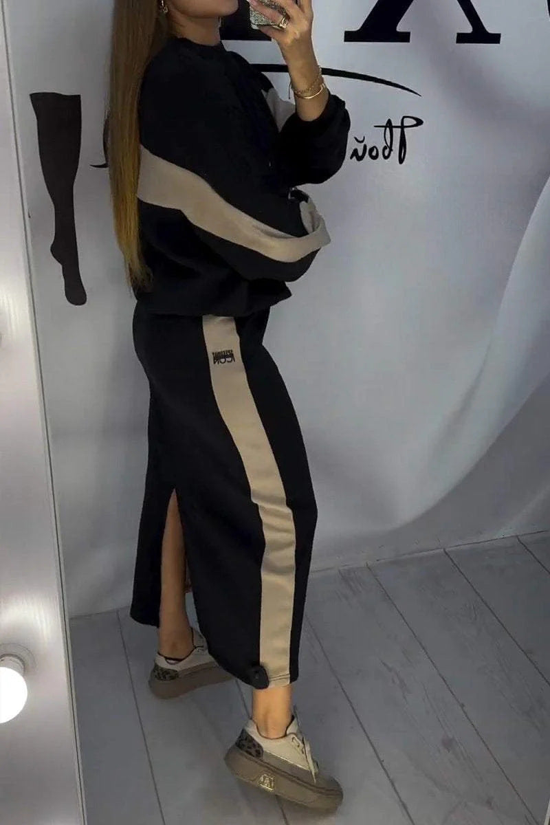 Autumn Fashion Color Matching Loose Casual Top Split Mid-Length Skirt Set For Women