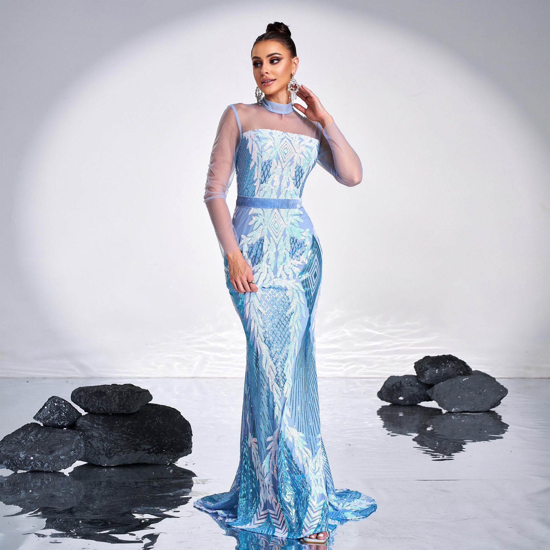 Women Long Sleeve Round Neck Sexy Mesh Sequined Formal Party Maxi Evening Dress 8