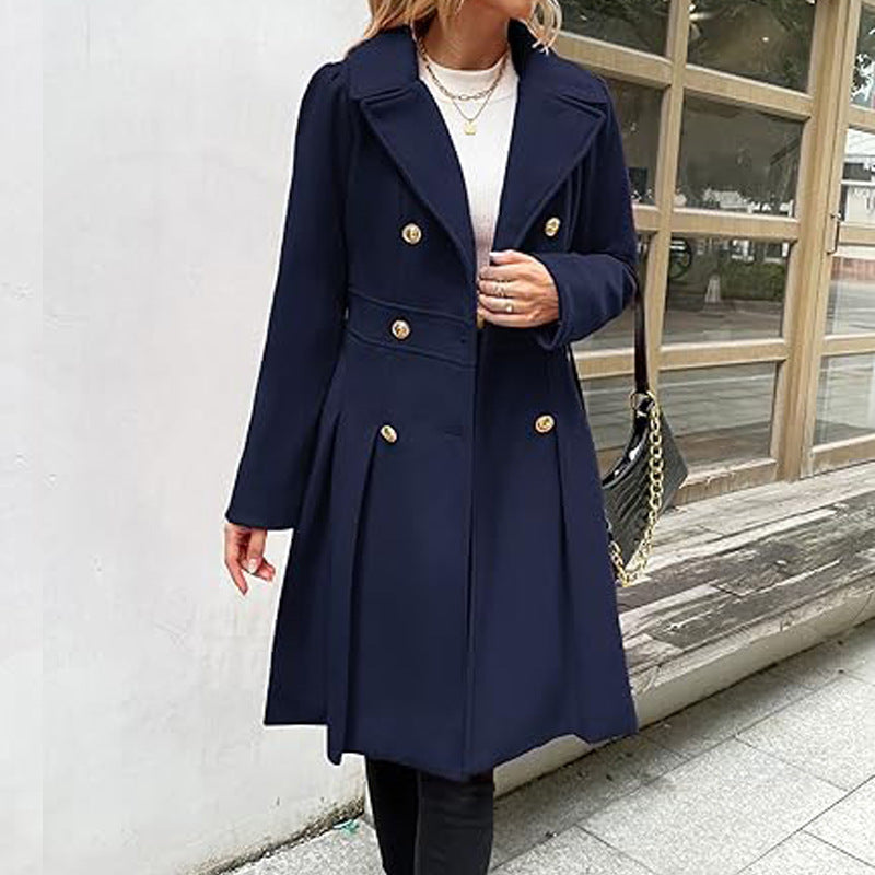 Women Fall and Winter Turndown Collar Double-Breasted Pocket Windbreaker 26