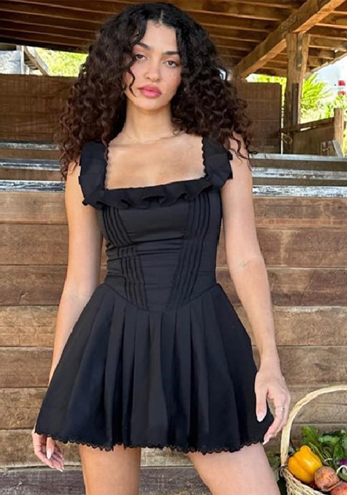 Women Summer French Square Neck Ruffle Edge Herringbone Corset Dress