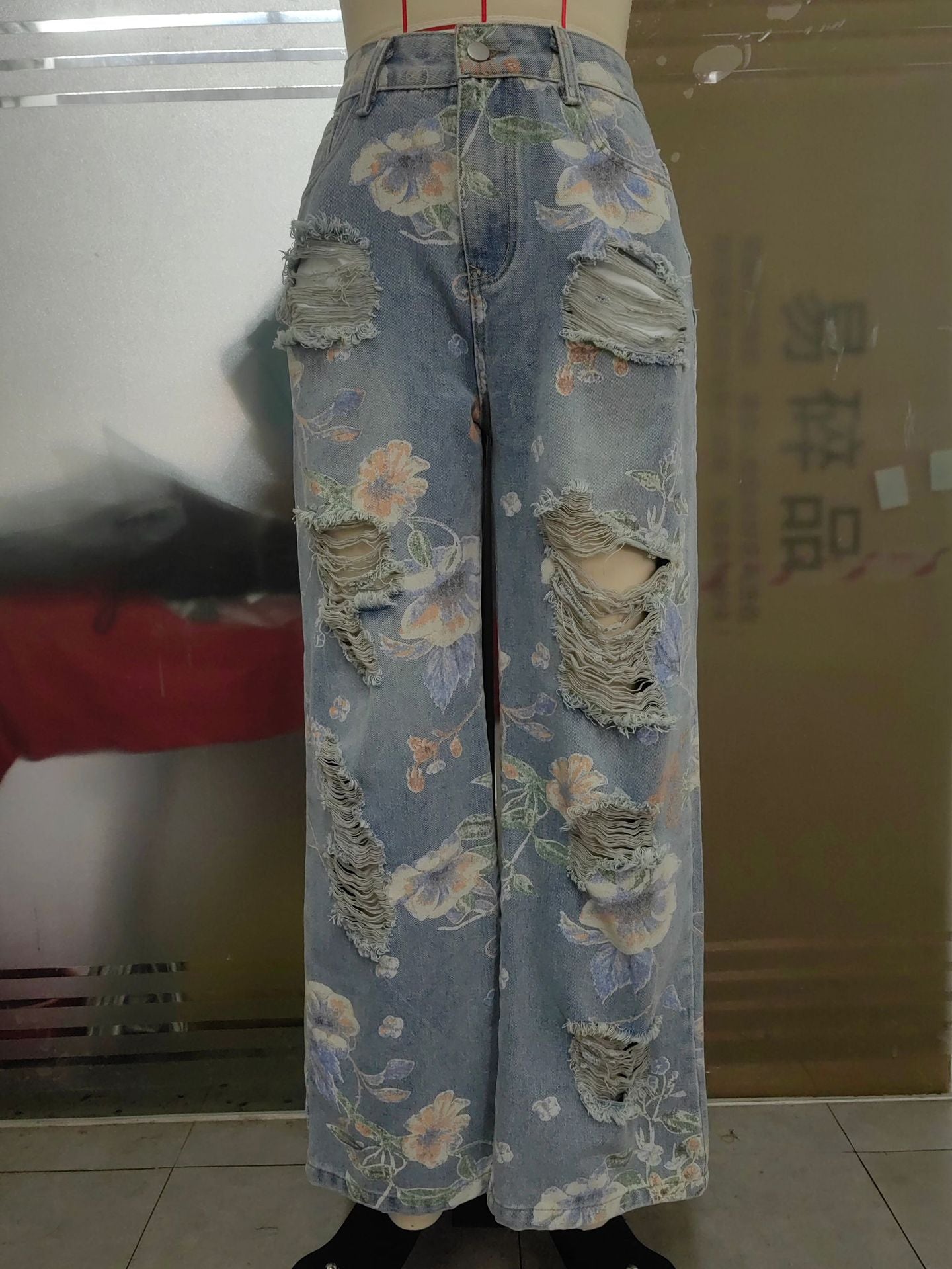 Spring Floral Print Ripped High Waist Loose Straight Denim Pants 5