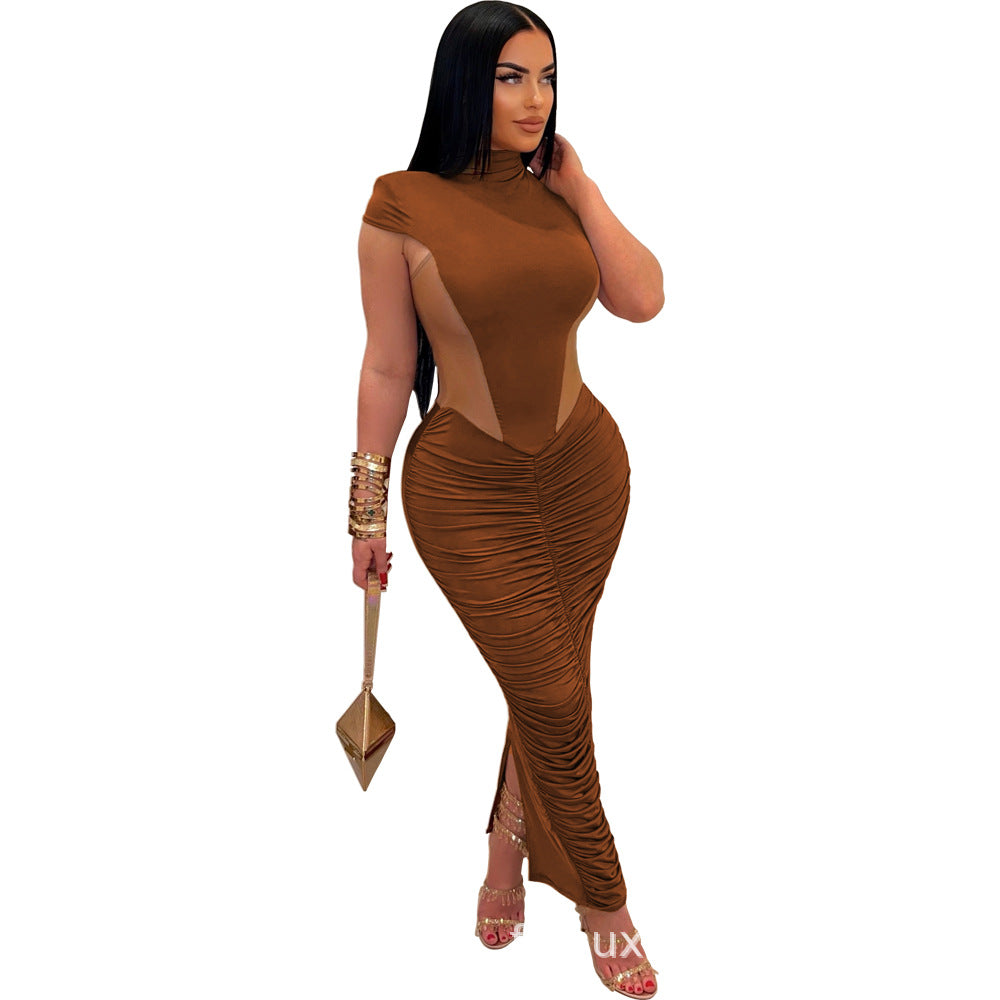 Spring Sexy See-Through Mesh Pleated Long Dress 6