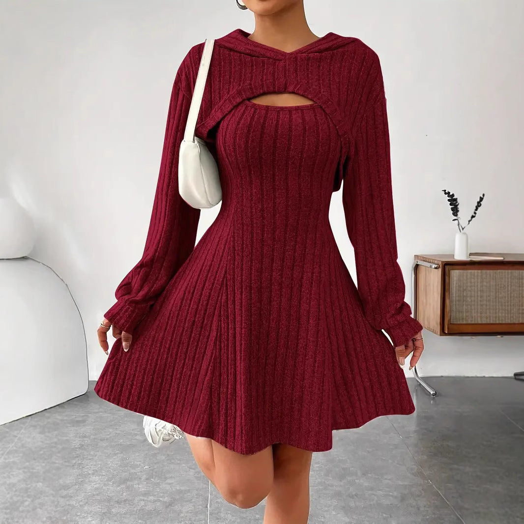 Long Sleeve Hoodie Top and Strap Square Neck A-Line Dress Set 16