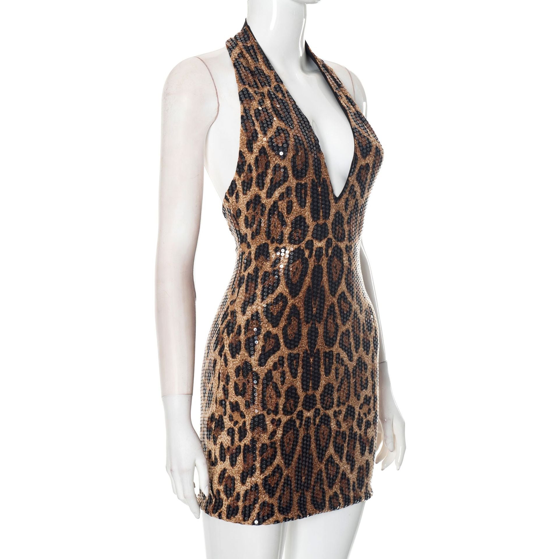 Women Spring Summer Sexy V Neck Leopard Print Backless Dress 12