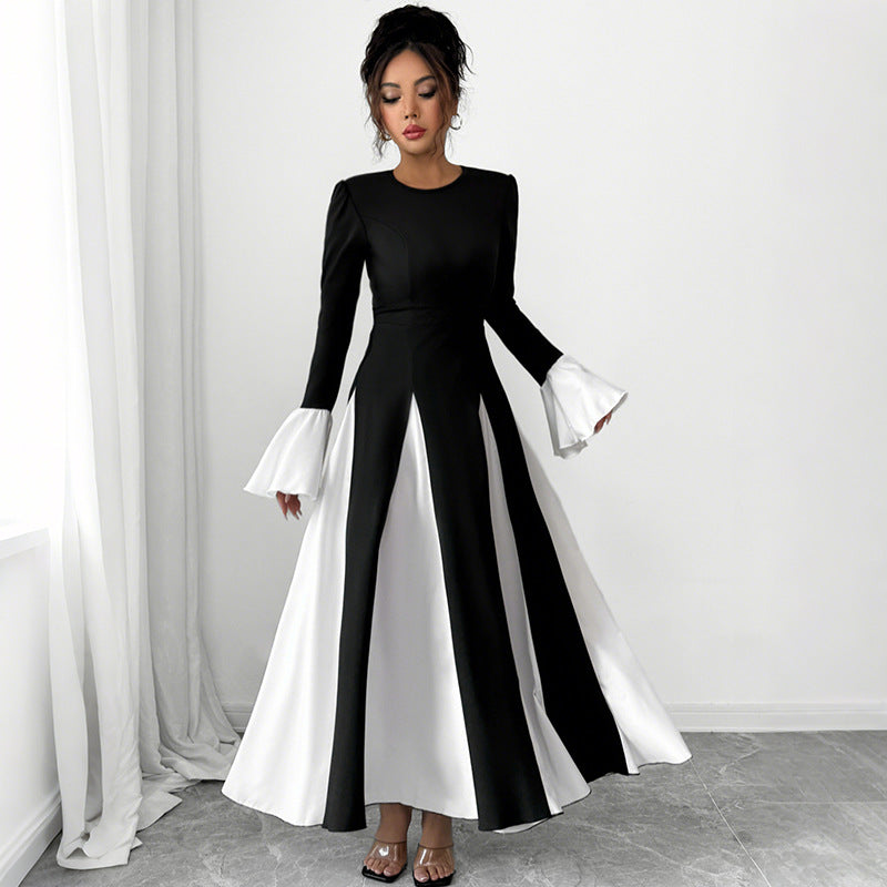 Women Fall/Winter Lace-Up Round Neck Patchwork Contrast Color Bell Bottom Sleeve Dress 3